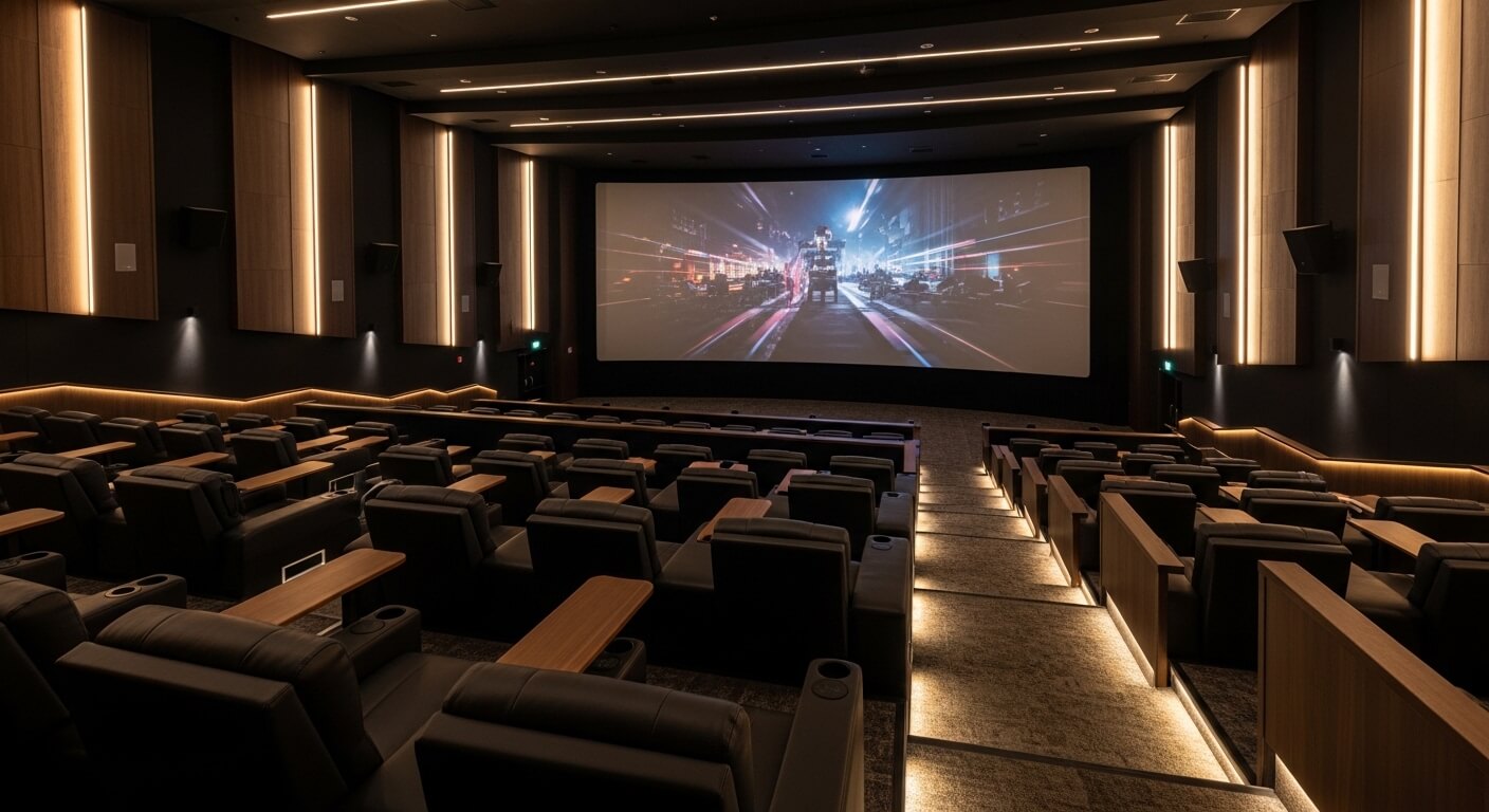 Luxury movie theater with reclining seats, wooden armrests, and a large screen showing a city scene at night