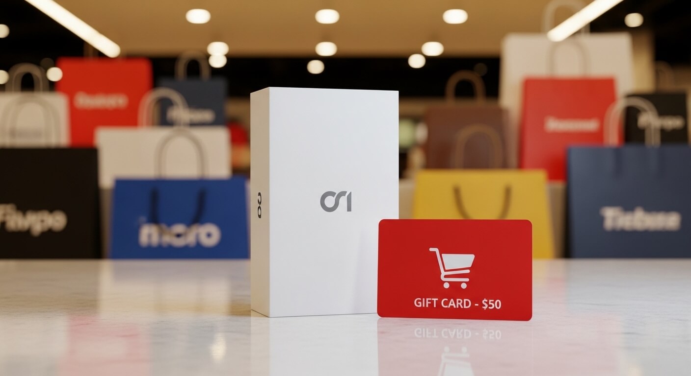 White box with "01" logo next to a red $50 gift card on a table with blurred shopping bags in the background