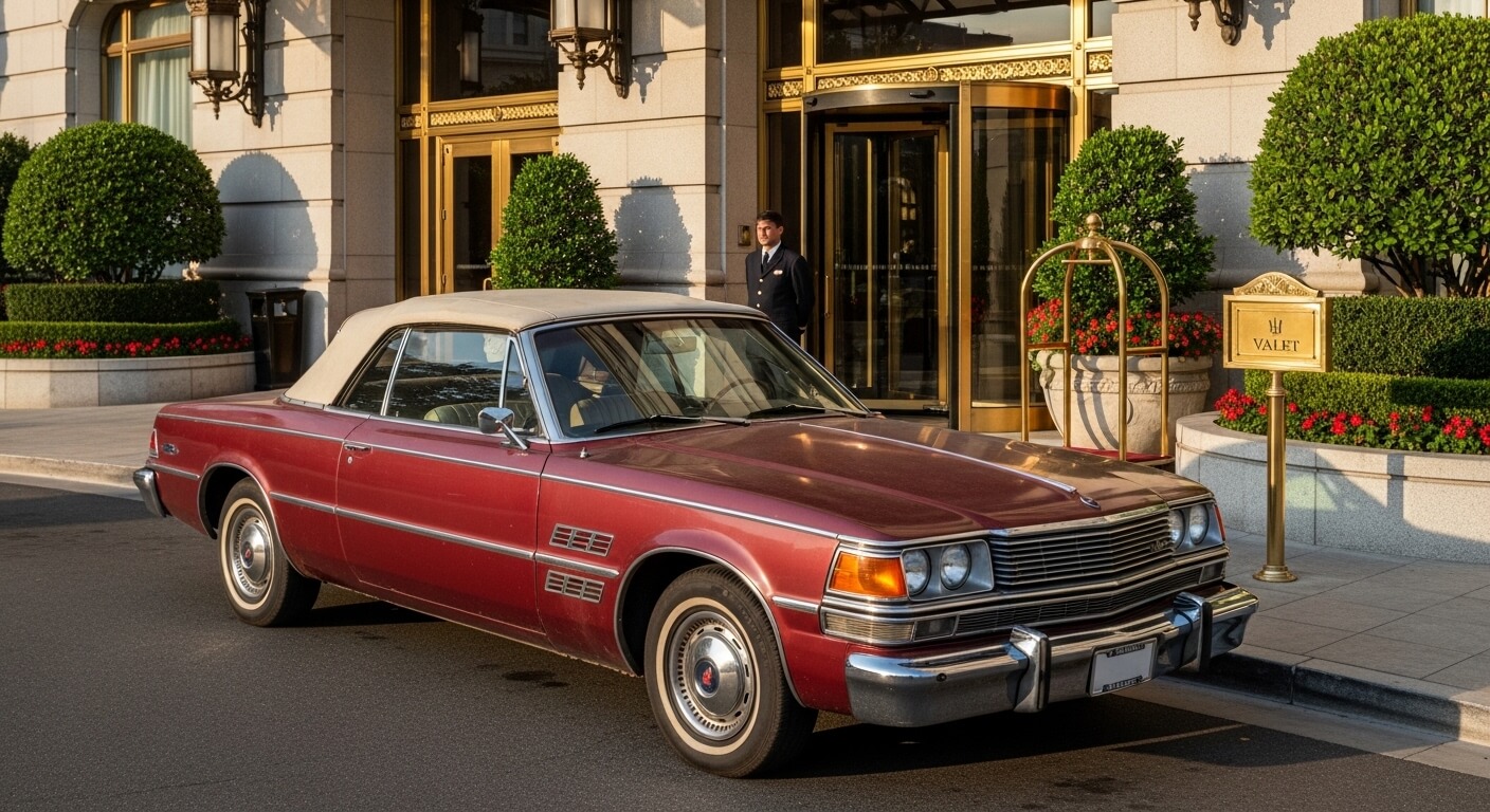 Vintage maroon Chrysler convertible parked outside a luxury hotel with a valet sign and doorman nearby.