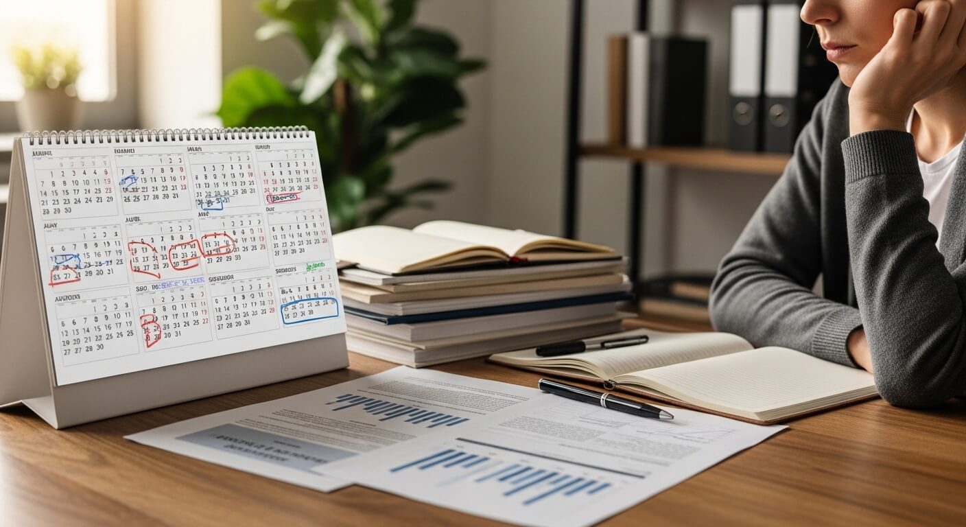 Person sitting at a desk with an open notebook, calendar with marked dates, and documents with charts and graphs.