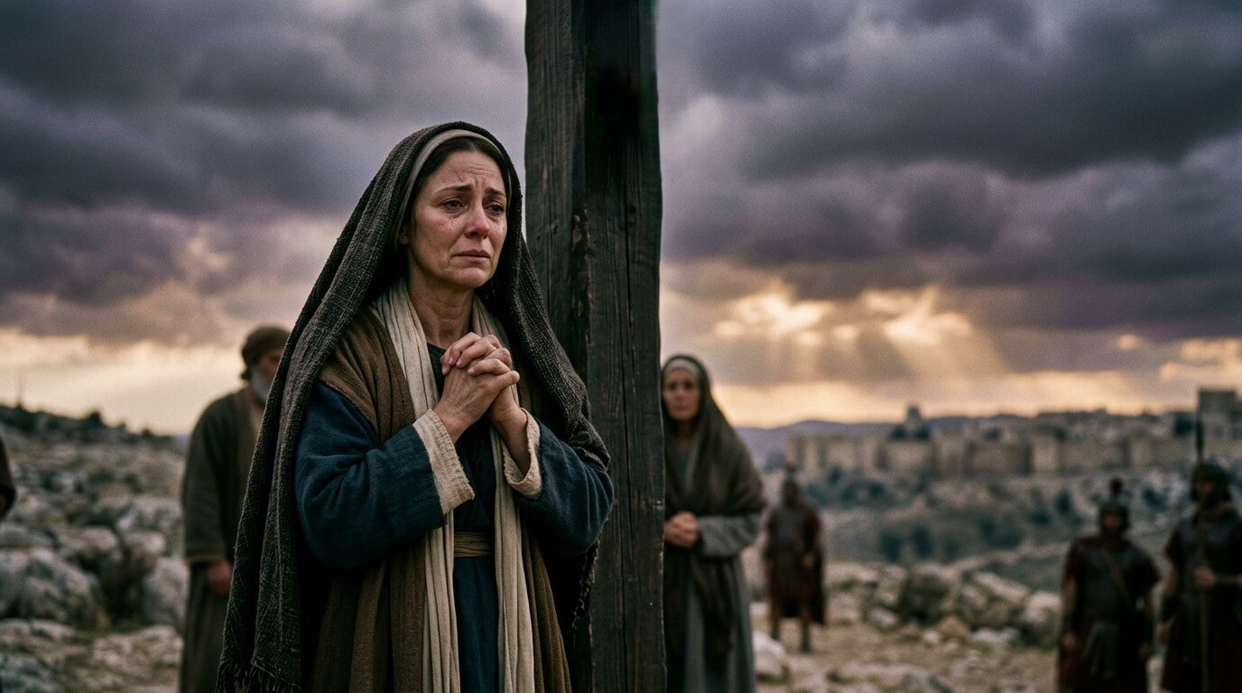 Woman in biblical attire praying with clasped hands near a wooden post under a cloudy sky at sunset