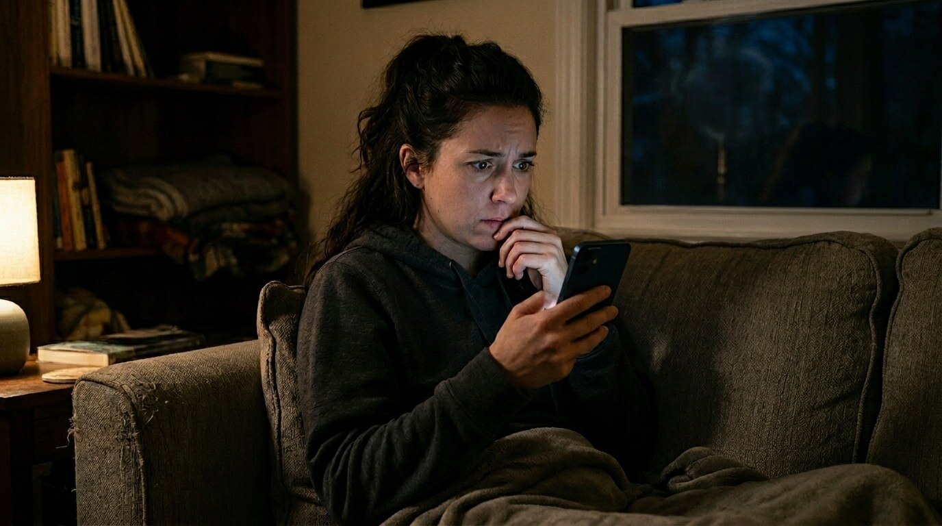 Woman in dark hoodie sitting on couch looking worriedly at smartphone at night