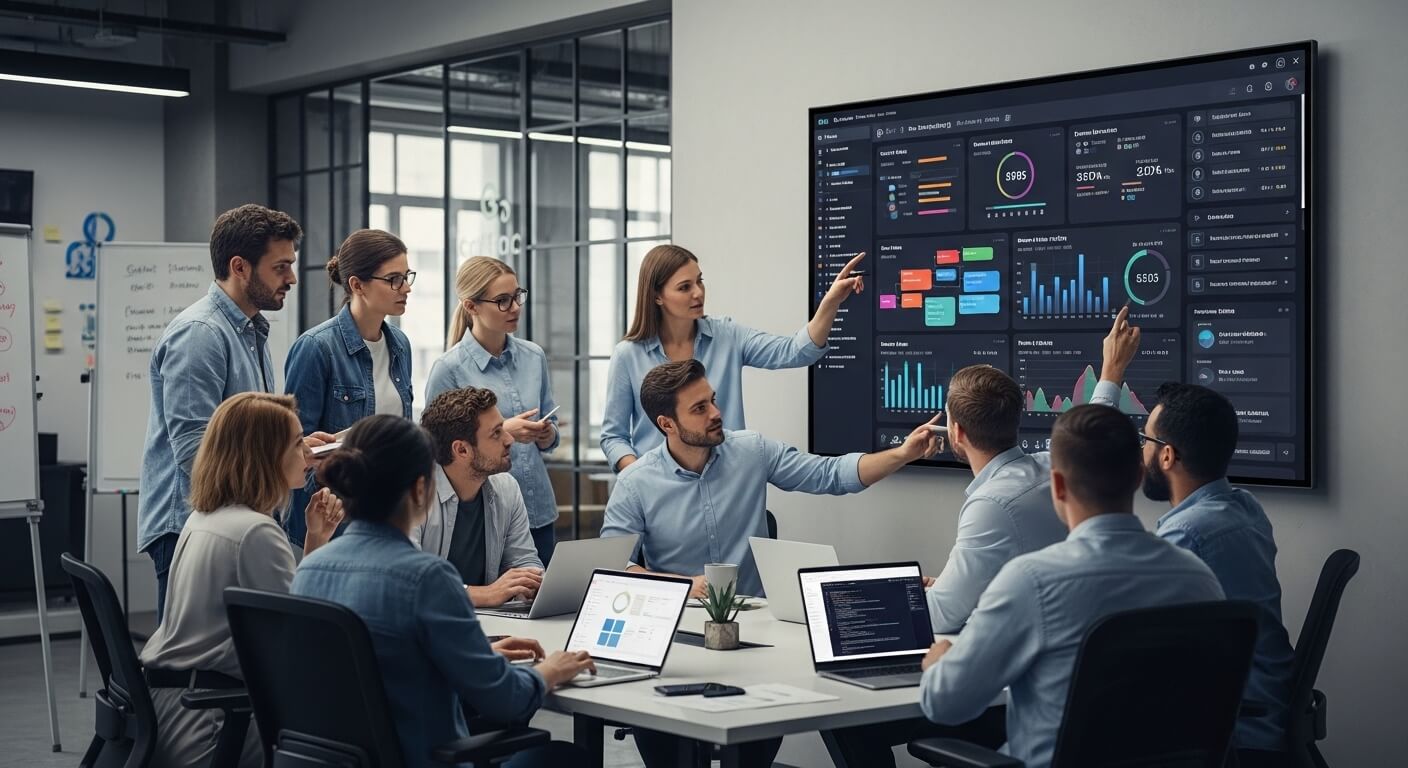 Team of professionals analyzing data dashboards on a large screen during a business meeting in an office.
