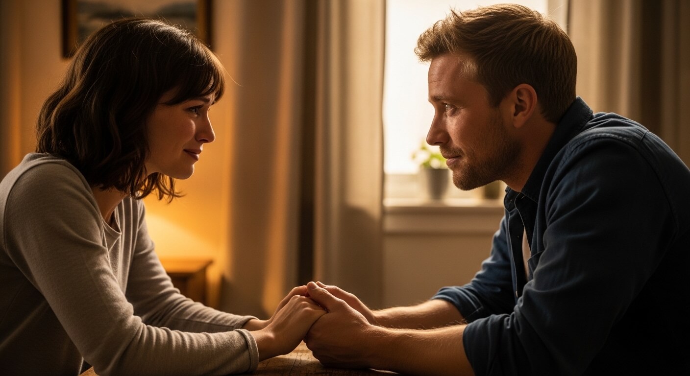 Man and woman holding hands and gazing at each other in a warmly lit room