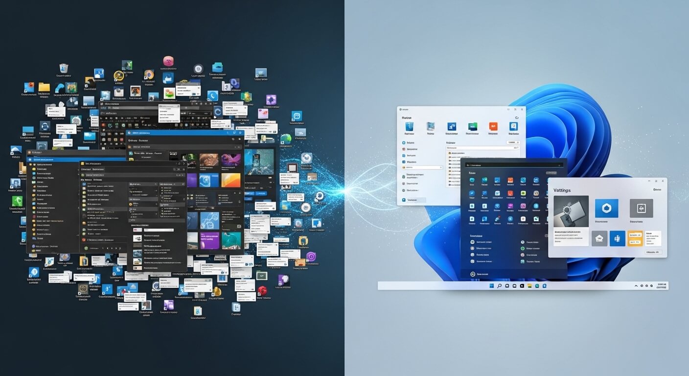 Comparison of cluttered desktop with many open windows on the left and organized Windows 11 desktop with fewer windows on the right.