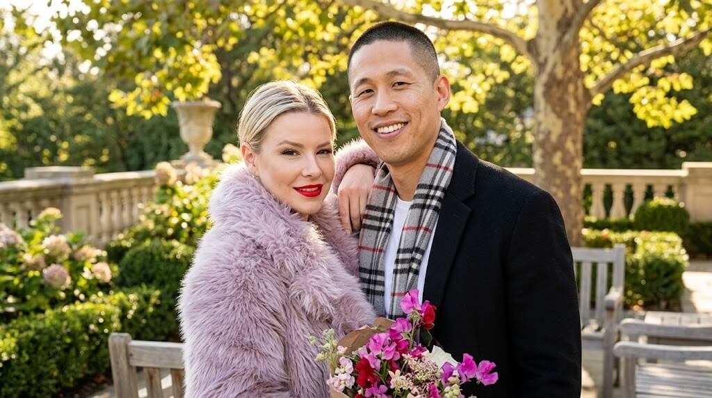 Couple smiling outdoors with woman in a lavender fur coat and man in a black coat holding a bouquet of flowers