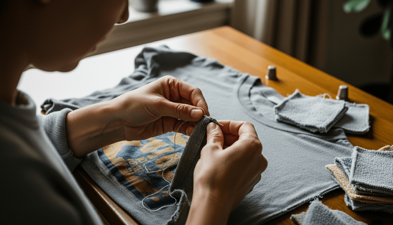 Person hand-sewing a gray T-shirt with fabric patches on a wooden table.