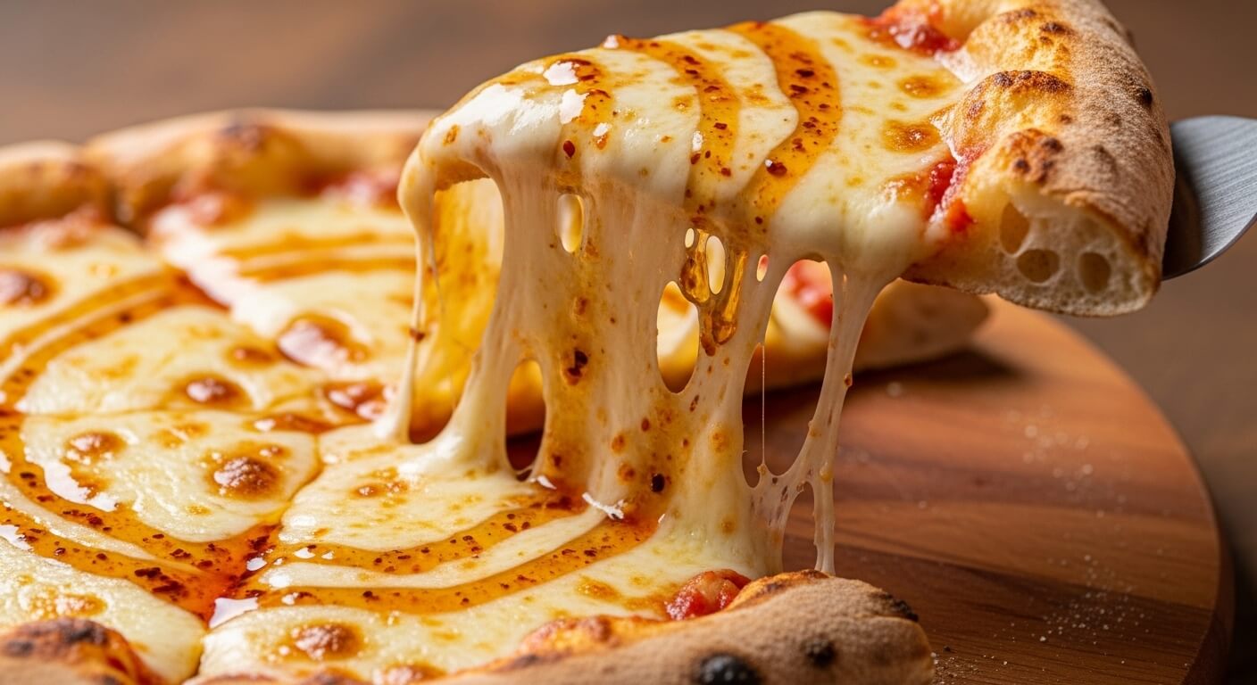 Slice of cheese pizza with melted cheese stretching as it is lifted from the wooden board