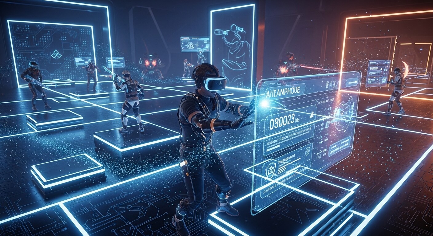 Group of people wearing VR headsets and motion suits interacting with holographic interfaces in a futuristic virtual environment.