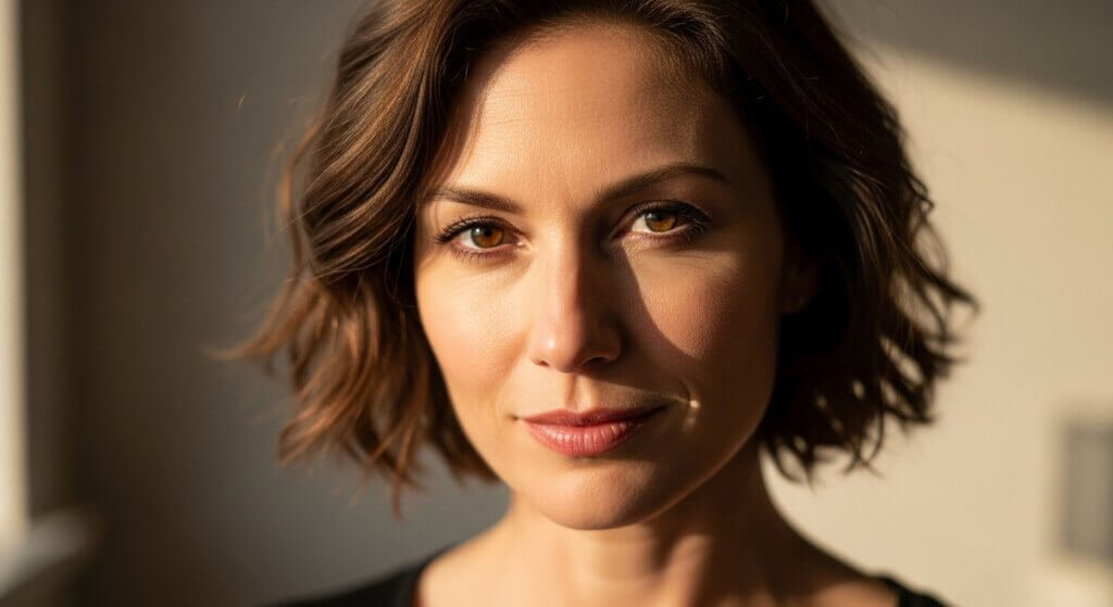 Close-up portrait of a woman with short brown hair and hazel eyes in natural light.