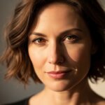 Close-up portrait of a woman with short brown hair and hazel eyes in natural light.