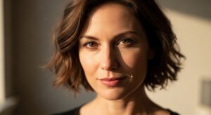 Close-up portrait of a woman with short brown hair and hazel eyes in natural light.