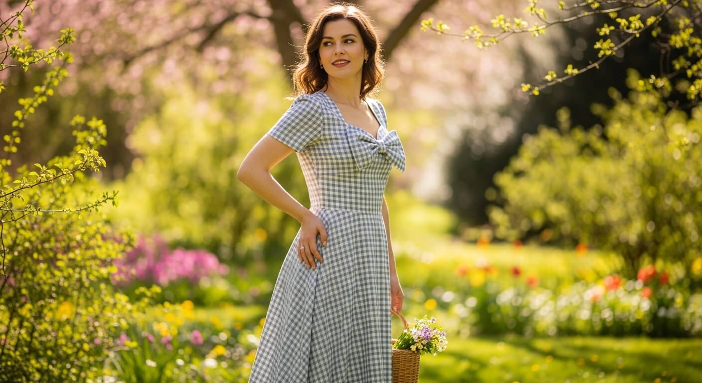 Woman in blue gingham dress holding a basket of flowers in a sunlit garden with blooming trees and colorful flowers.