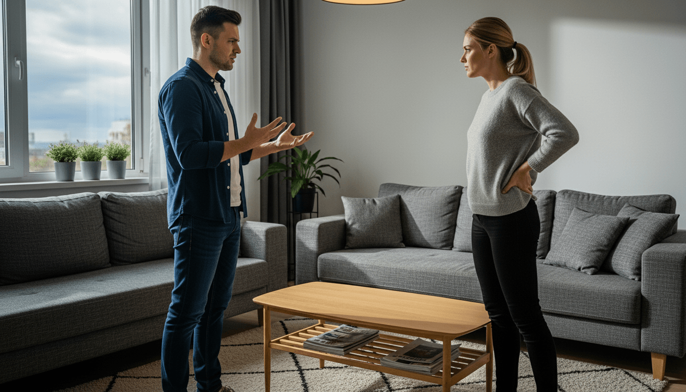 Man and woman standing and arguing in a living room with gray sofas and a wooden coffee table