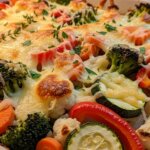 Baked mixed vegetables including broccoli, cauliflower, carrots, zucchini, red bell pepper, and onion topped with melted cheese and herbs.