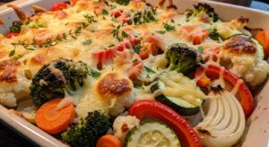 Baked mixed vegetables including broccoli, cauliflower, carrots, zucchini, red bell pepper, and onion topped with melted cheese and herbs.