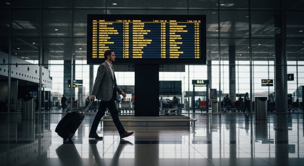 Man in a blazer walking with a rolling suitcase in an airport terminal under a flight information board