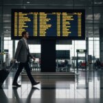 Man in a blazer walking with a rolling suitcase in an airport terminal under a flight information board