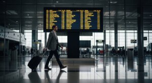 Man in a blazer walking with a rolling suitcase in an airport terminal under a flight information board