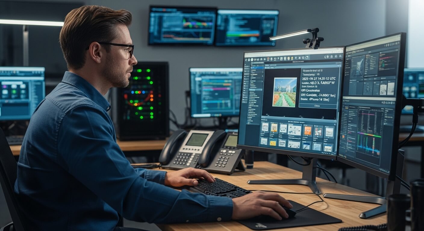 Man in glasses working on multiple monitors displaying data and images in a tech control room