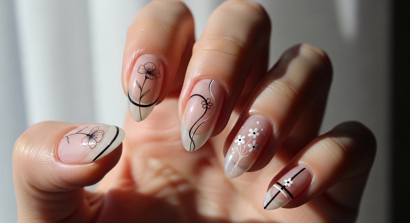 Hand with almond-shaped nails featuring delicate black and white floral nail art on a nude base.