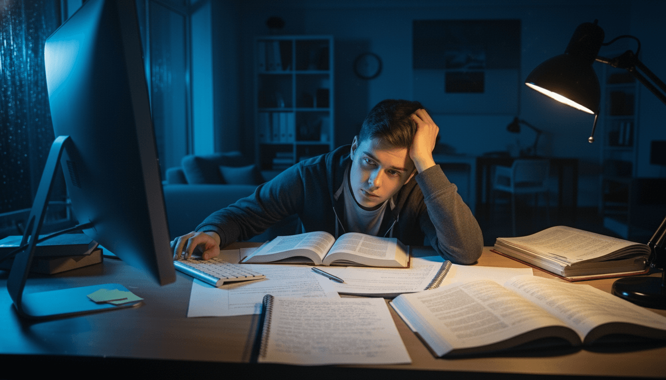 Young man studying late at night with open books and notes at a desk illuminated by a desk lamp