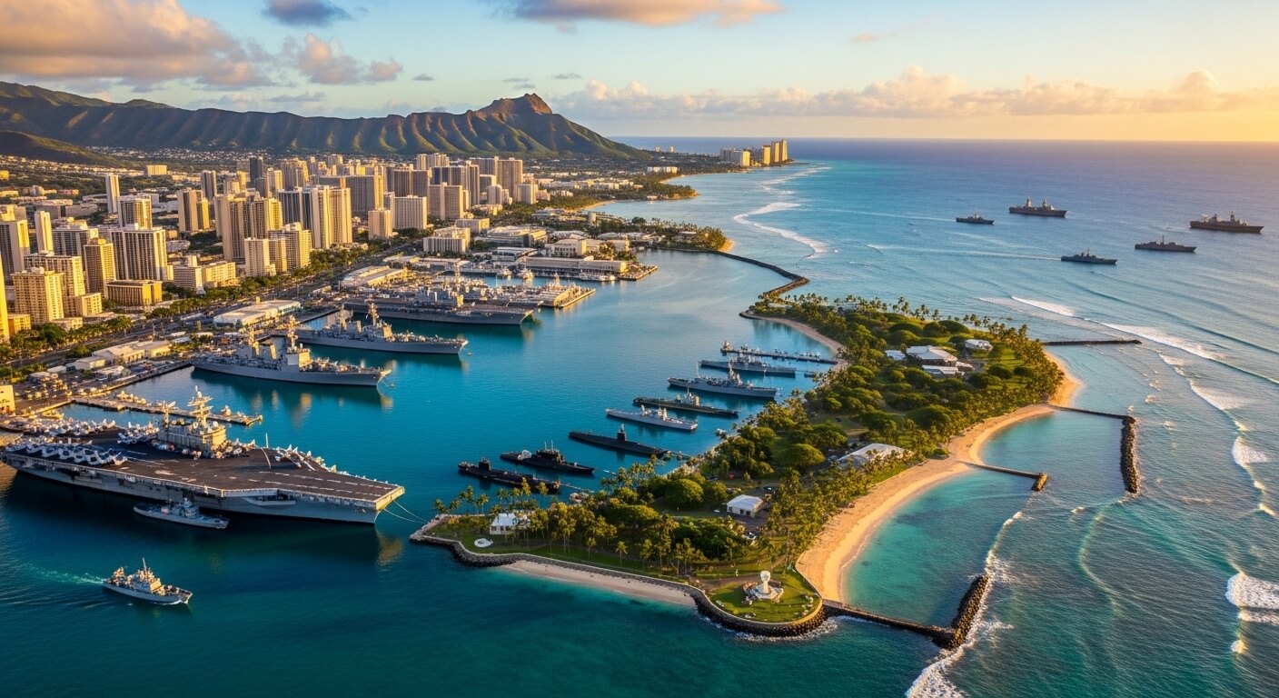 Aerial view of Pearl Harbor naval base with warships, submarines, and Honolulu skyline with Diamond Head in the background at sunset.