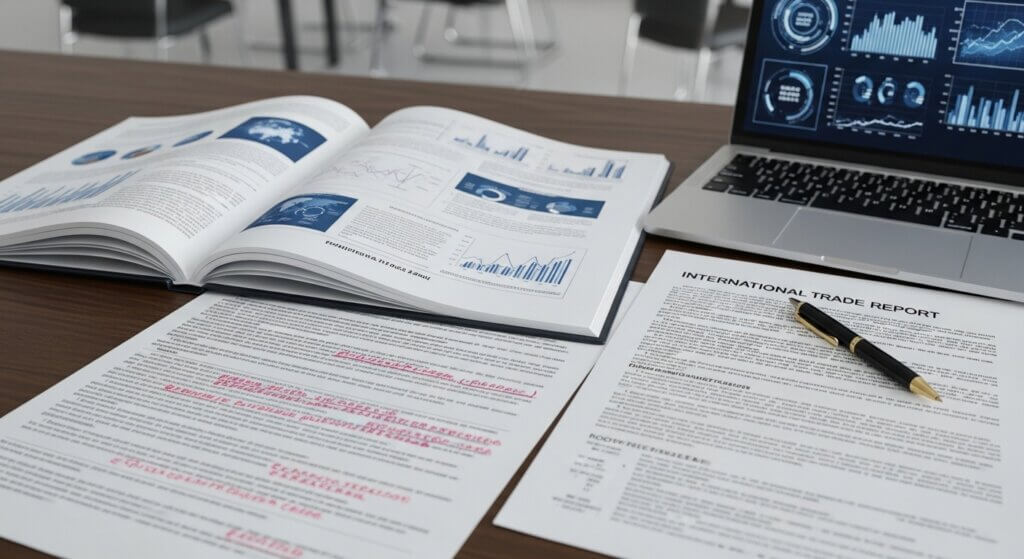 Open business report book, printed documents including an international trade report with a pen, and a laptop showing data charts on a wooden desk.