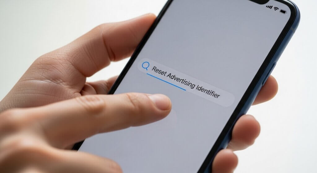 Hand holding an iPhone with a finger about to tap "Reset Advertising Identifier" on the screen