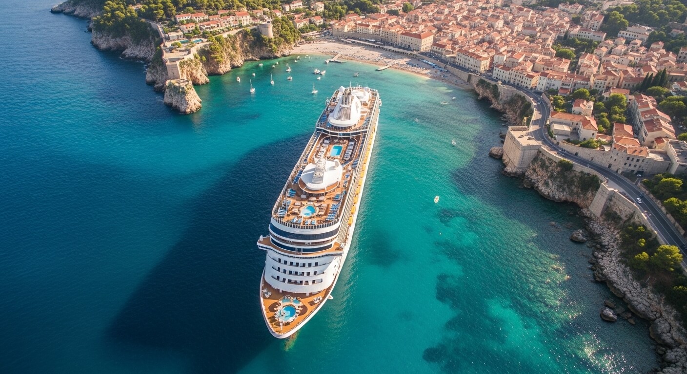 Aerial view of a large cruise ship sailing near the coastal town with red-roofed buildings and clear turquoise water.