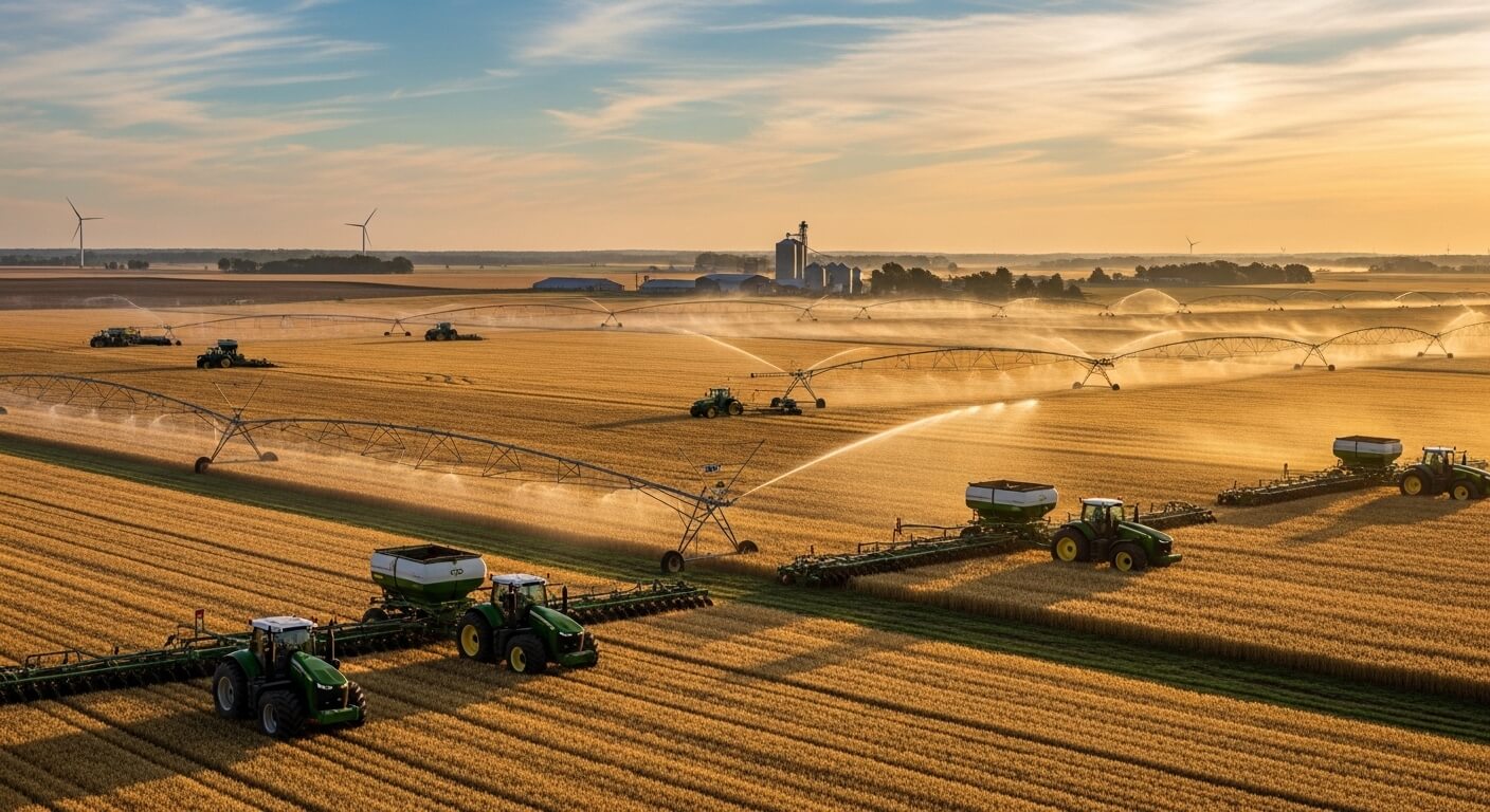 Multiple green John Deere tractors working in a large wheat field with center pivot irrigation at sunset.