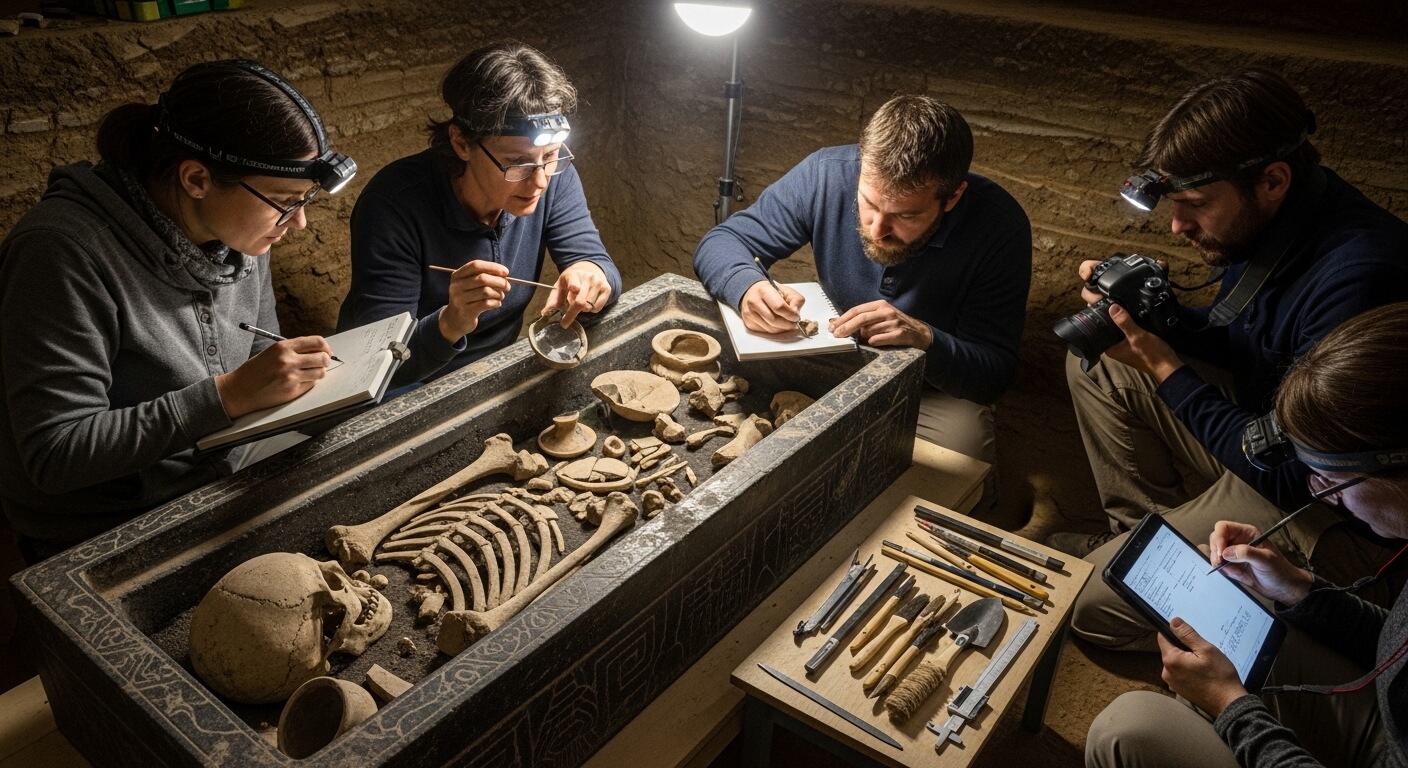 Archaeologists examining and documenting a skeleton and artifacts in an ancient stone sarcophagus with headlamps and tools.