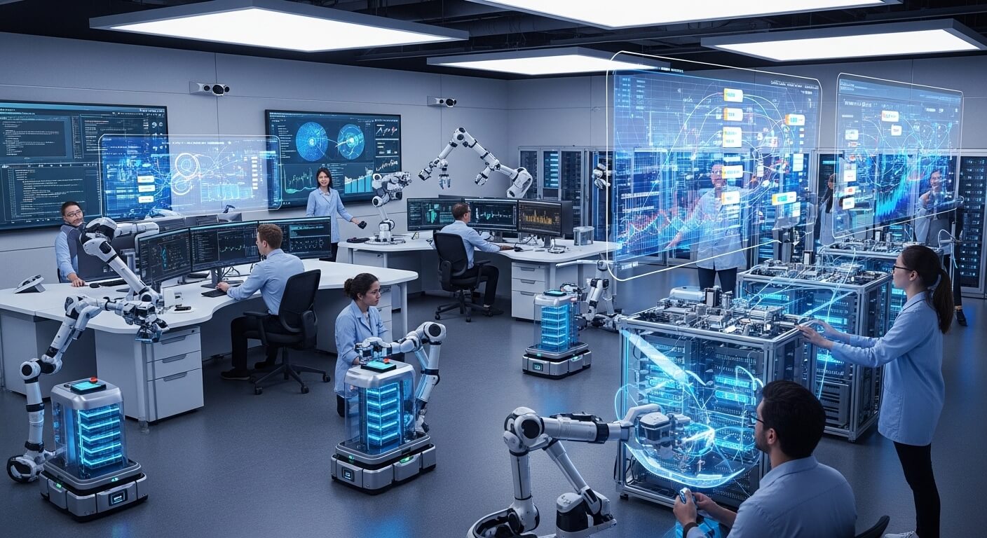 Engineers in a high-tech lab operating robotic arms and interacting with holographic data displays.