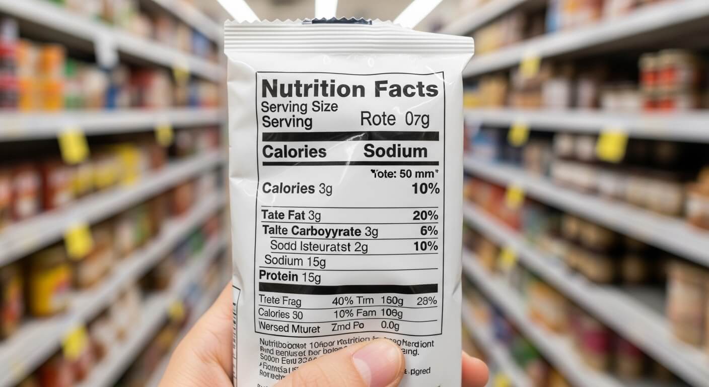 Nutrition facts label on a packaged food item held in a grocery store aisle, showing calories, sodium, fat, and protein.