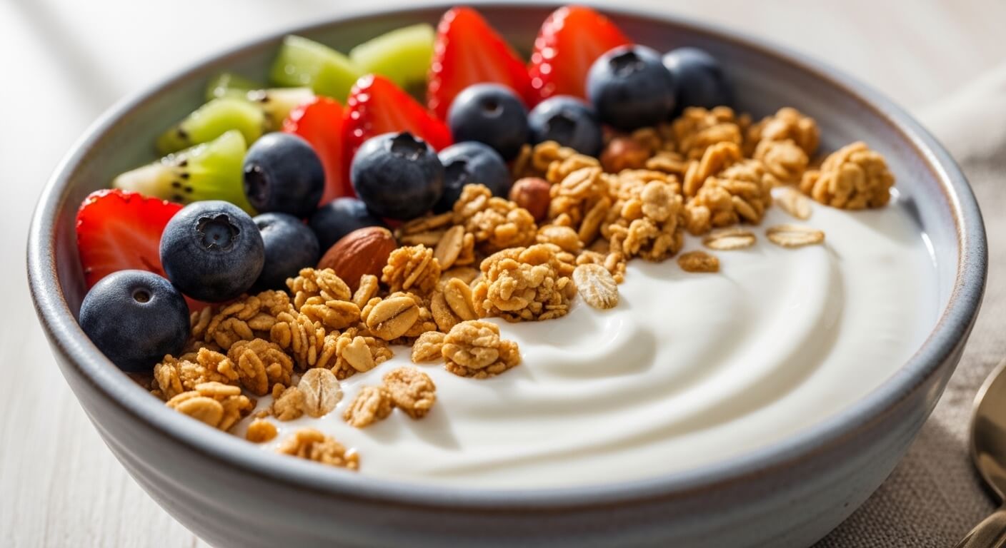 Bowl of yogurt topped with granola, blueberries, strawberries, kiwi, and almonds on a light surface.