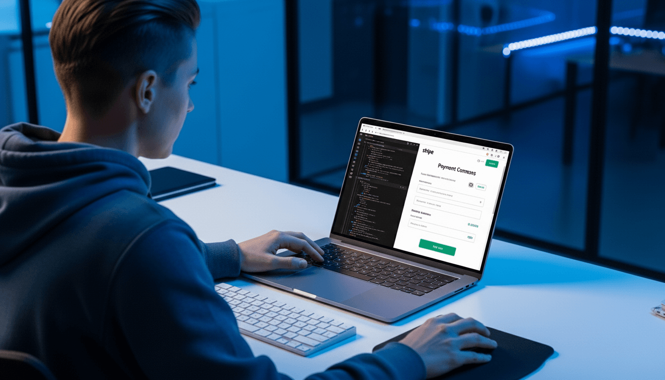 Person coding and testing a payment command interface on a laptop in a dimly lit room.