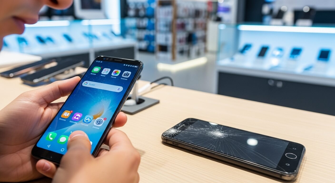 Person holding a smartphone with a cracked screen phone on the table in a tech store.