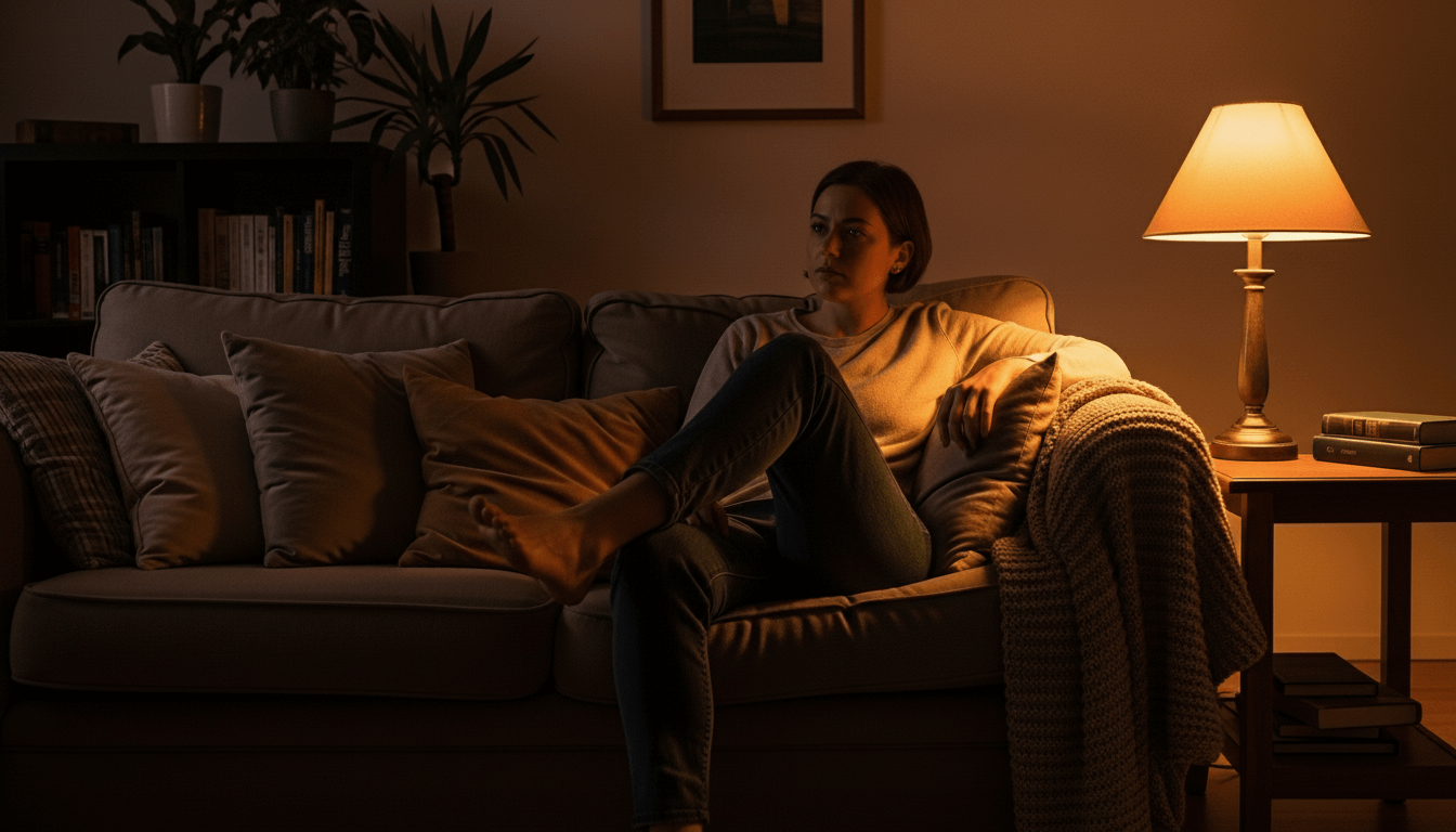 Woman sitting barefoot on a couch in a dimly lit living room with a lamp and books on a side table