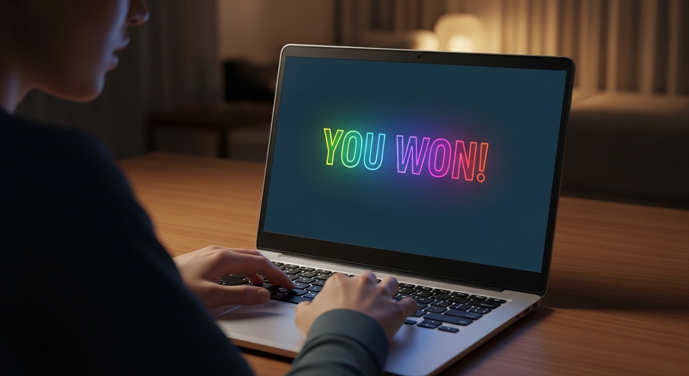 Person typing on a laptop displaying a colorful "YOU WON!" message on the screen.