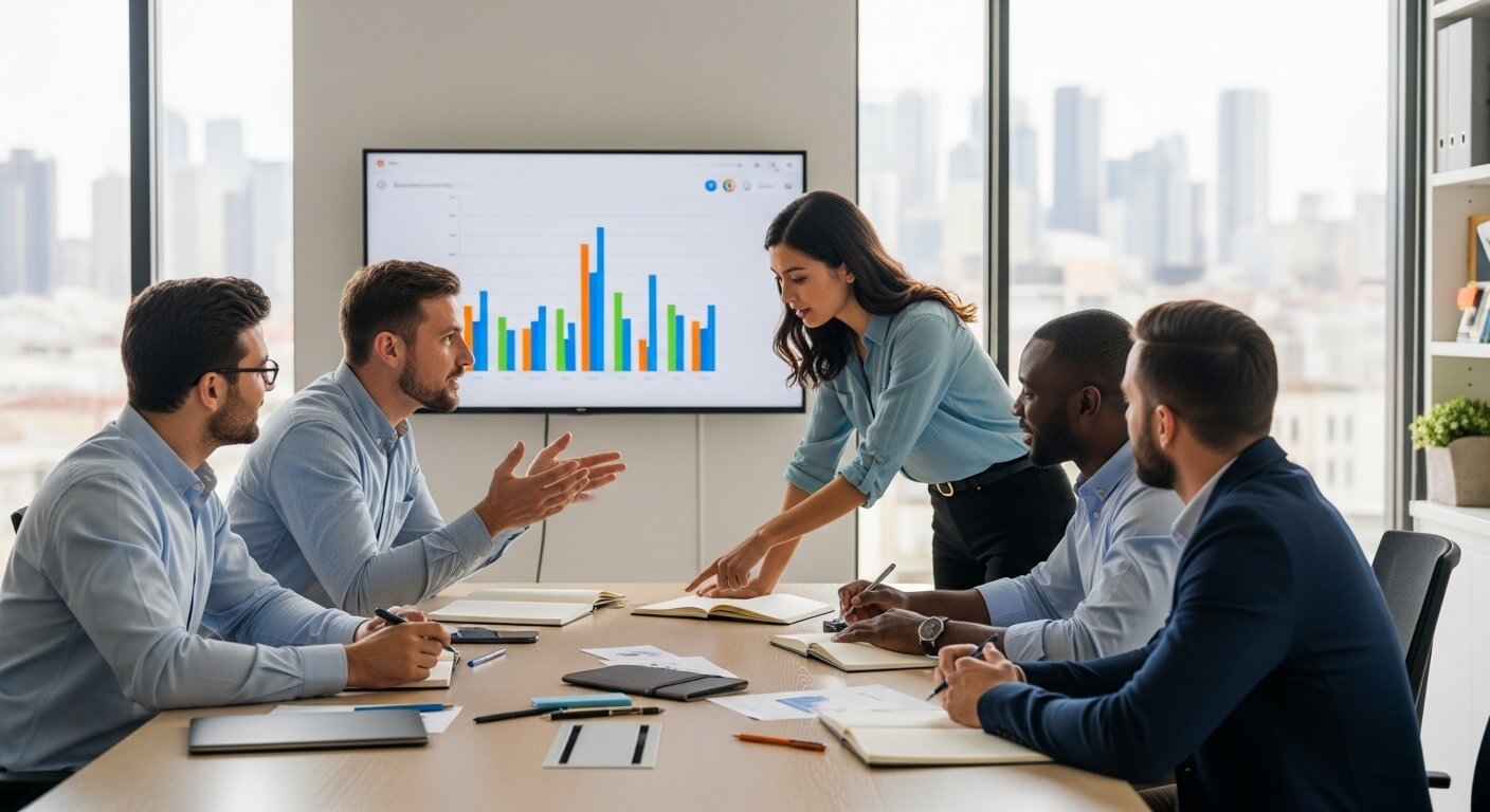 Business team discussing data charts during a meeting in a modern office with city view windows.