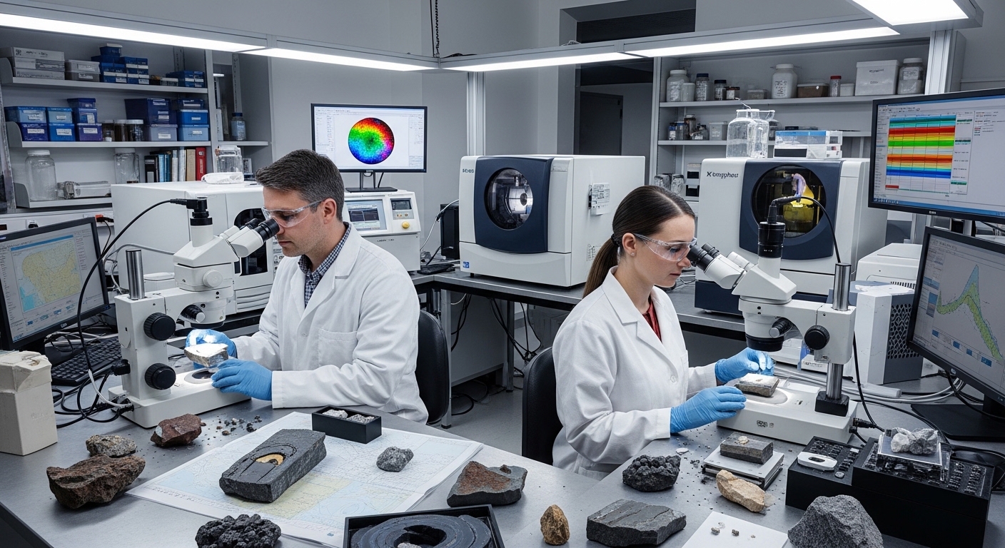 Two scientists in lab coats and gloves examining rock samples under microscopes in a geology lab.