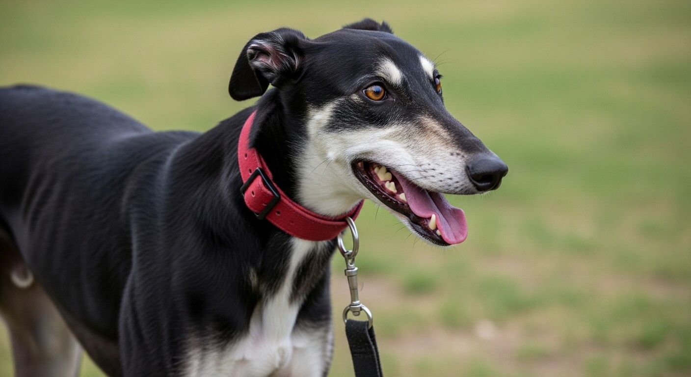 Black and white dog with a red collar and leash standing outdoors on grass with mouth open and tongue out.
