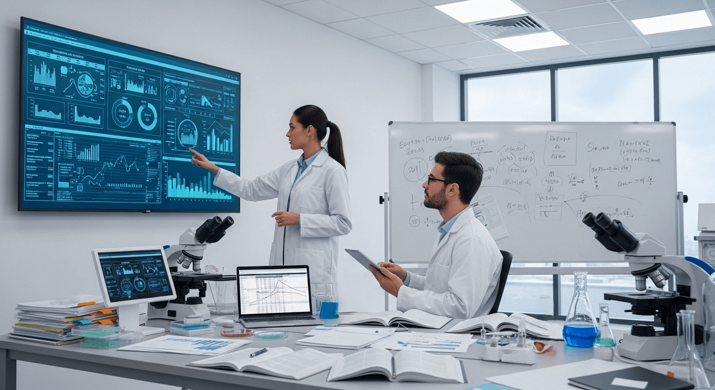Two scientists in lab coats analyzing data on screens and whiteboard in a modern laboratory.