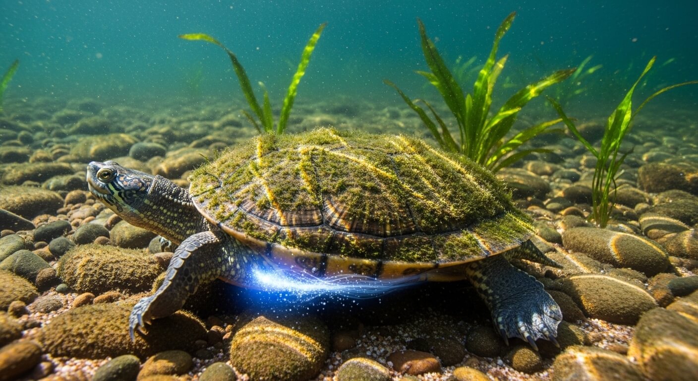 Underwater turtle with algae-covered shell swimming over rocky riverbed with aquatic plants.