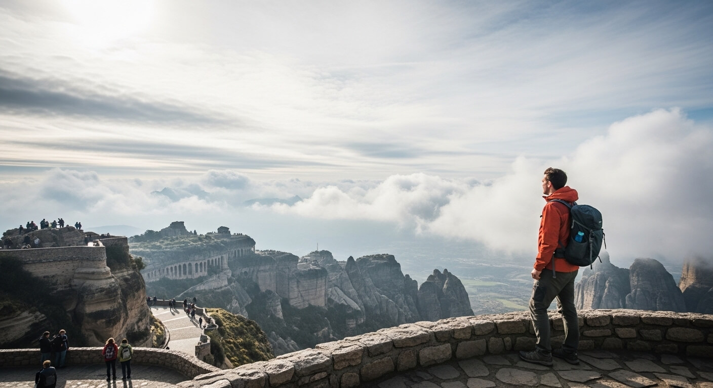 Hiker in orange jacket with backpack overlooking rocky cliffs and cloudy valley at Meteora, Greece.