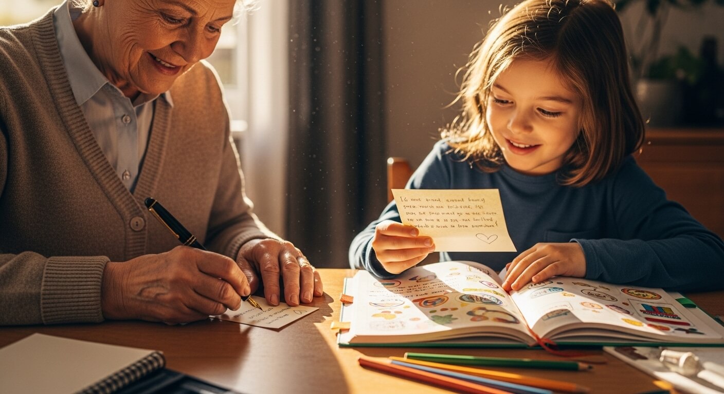 Grandmother writing a note while granddaughter reads a handwritten card at a table with a colorful book and pencils.