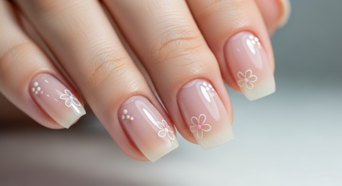Nude ombre nails with white floral and dot accents on a hand against a gray background.