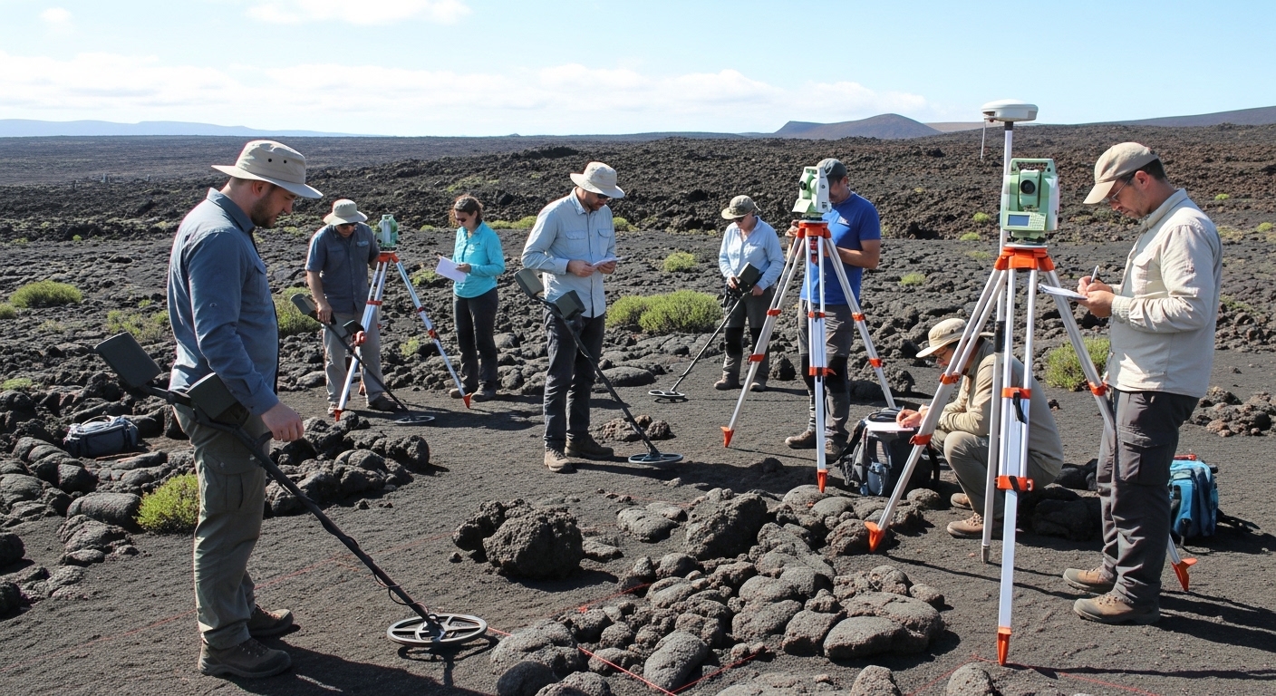 Archaeologists using metal detectors and surveying equipment on a rocky volcanic terrain.