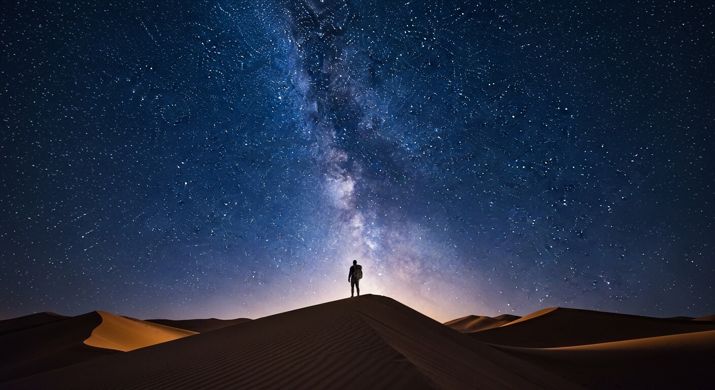 Person standing on sand dune under a starry night sky with the Milky Way visible above.