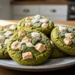 Plate of green matcha cookies topped with white chocolate chunks and powdered sugar on a wooden table